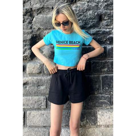 Turquoise Printed Crop T-Shirt MG1535 - Turkuaz