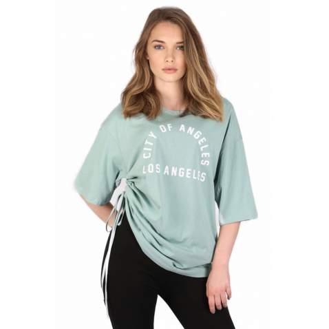 Mad Girls Printed Ruched Almond Green T-shirt Mg1142 - Çağla yeşili