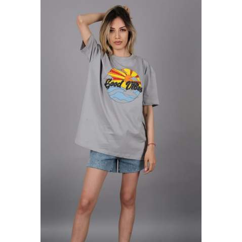 Mad Girls Printed Gray T-shirt Mg1148 - Gri