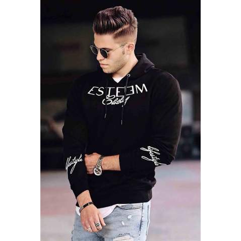 MadmextPrinted Black Kapşonlu Sweatshirt 4402 - Siyah