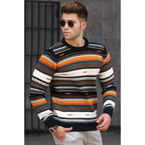 Madmext Men Color Striped Black Sweater 5150 - Siyah