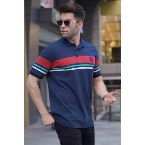 Striped Navy Blue Polo T-Shirt 5877 - Lacivert