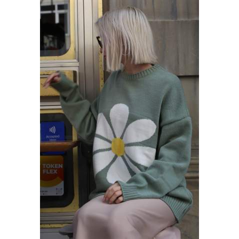 Women Designed Green Oversize Sweater MG1427 - Yeşil