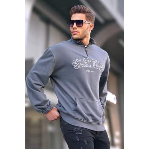 Füme Fermuar Yakalı Nakışlı Sweatshirt 6026 - Füme