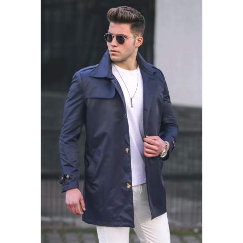 Madmext Men Navy Blue Trench Coat 5108 - Lacivert