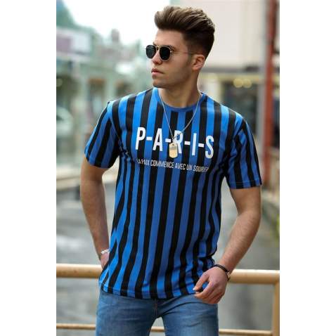 Madmext Black-Blue Striped T-shirt for Men 4003 - Sax mavi