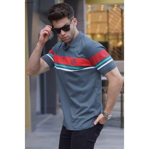 Striped Smoke Gray Polo T-Shirt 5877 - Füme