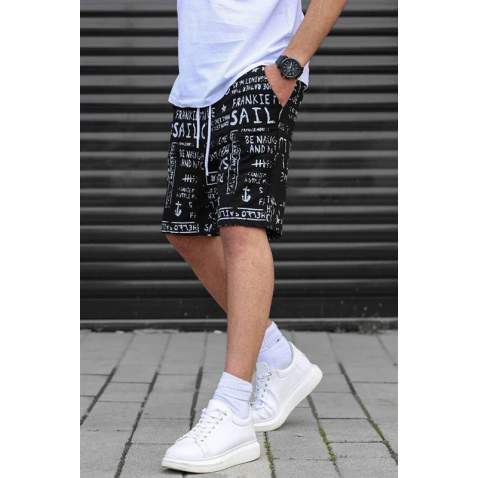 Madmext Men Printed Black Capri Shorts 2408 - Siyah