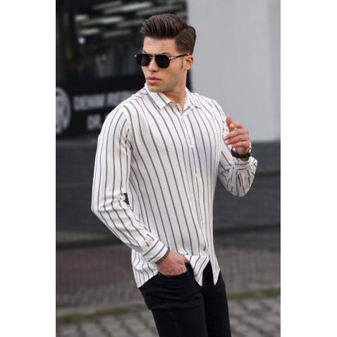 Men Striped White Shirt - Beyaz