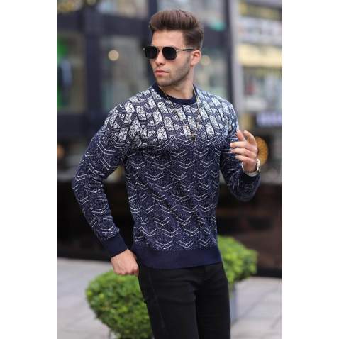 Navy Blue Designed Knitwear Sweater 5971 - Lacivert