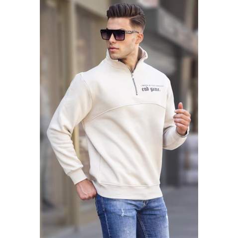 Light Beige Printed Zipped Sweatshirt 6001 - Açık bej