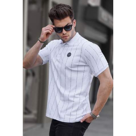 Men Striped White Polo T-Shirt 5879 - Beyaz