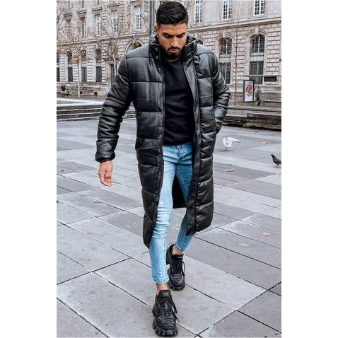 Men Black Long Puffer Jacket - Siyah