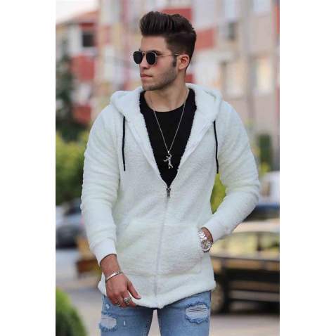 Madmext White Plush Hoodie 2652 - Beyaz