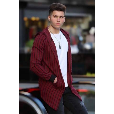 Madmext Claret Red Striped Cardigan with Hooded 4128 - Bordo