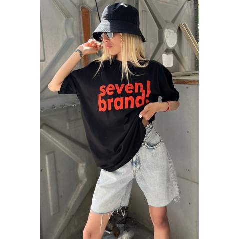 Women Printed Oversize Black T-Shirt MG1489 - Siyah