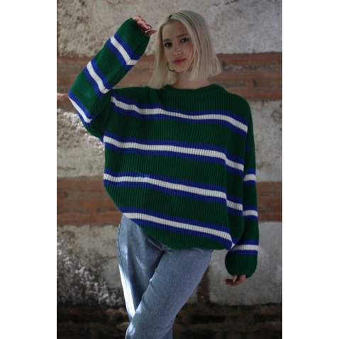 Green Striped Knitted Sweater MG1244 - Yeşil