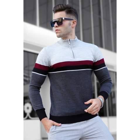 Madmext Men Gray Sweater With Zip 5601 - Gri