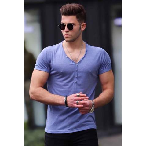 Madmext Men Buttoned Indigo Basic T-shirt 4052 - İndigo