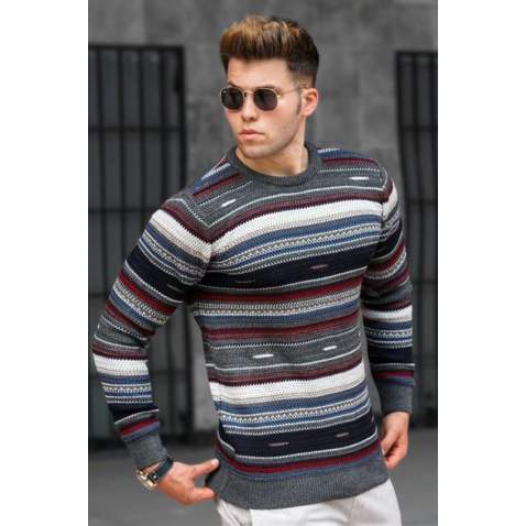 Madmext Men Color Striped Anthracite Sweater 5150 - Antrasit