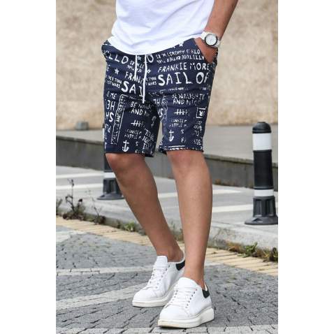 Madmext Men Printed Navy Blue Capri Shorts 2408 - Lacivert