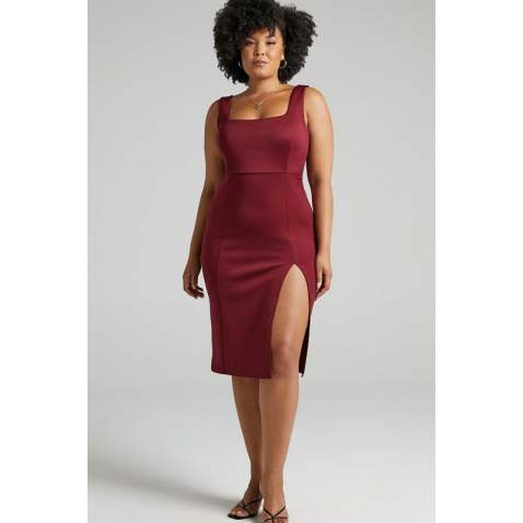 Mad Girls Plain Maroon Midi Dress MG1423 - Bordo