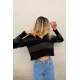 Women Striped Anthracite Cropped Sweater MG1441 - Antrasit