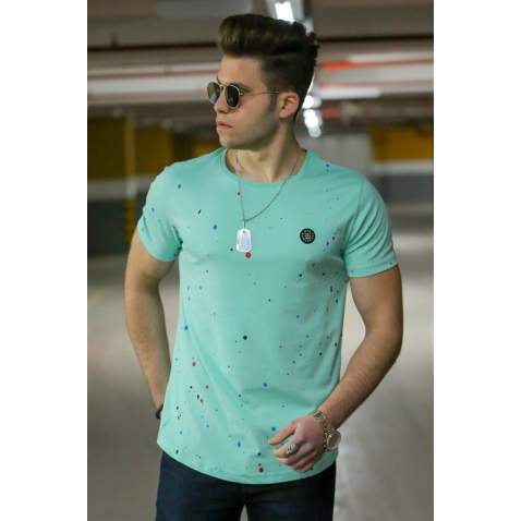 Madmext Turquoise Paint Splatter Print T-shirt for Men - Turkuaz