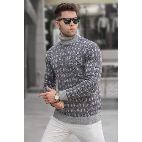 Gray Designed Knitted Sweater 5768 - Gri