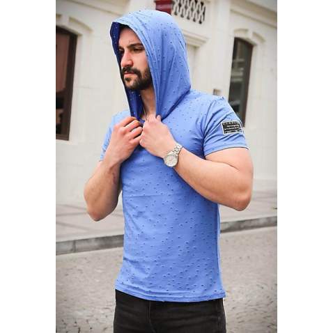 Madmext Blue Rapped T-shirt with Hood for Men 3069 - Sax mavi