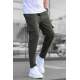 Men Striped Khaki Cargo Trousers - Haki