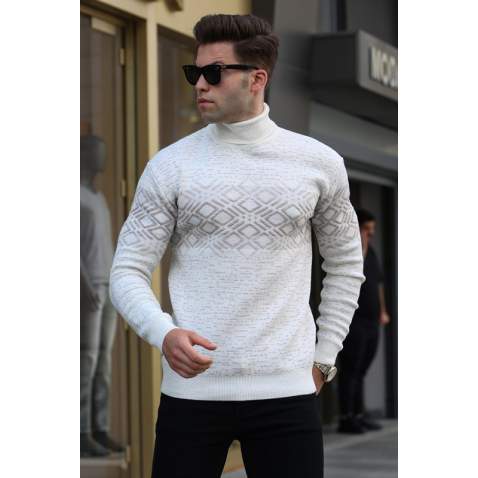 White Turtleneck Knitwear Sweater 5970 - Kemik rengi