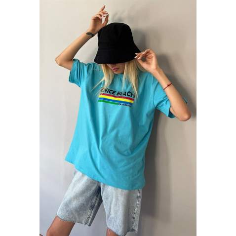 Turquoise Printed Over Fit T-Shirt MG1516 - Turkuaz