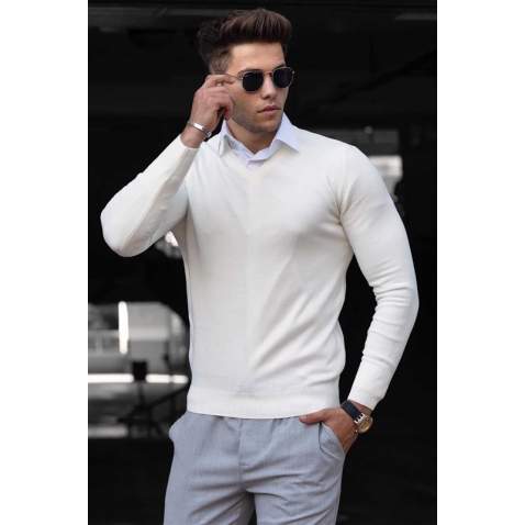 Madmext White V-Neck Knitwear Jumper 4674 - Beyaz