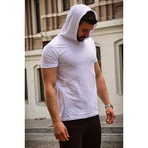 Madmext White Rapped T-shirt with Hood for Men 3069 - Beyaz