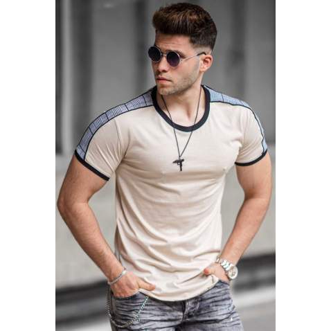 Madmext Men Shoulder Stripe Beige T-shirt 4101 - Bej