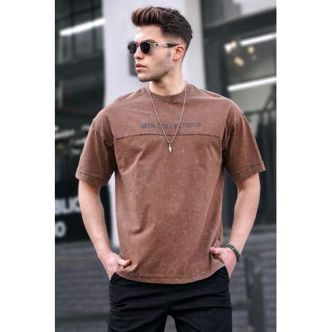 Men Printed Brown Oversize T-Shirt - Kahverengi