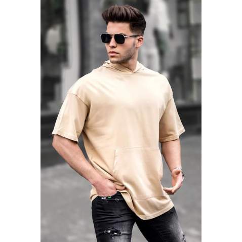 Men Beige Oversize Hoodie T-Shirt 5853 - Bej