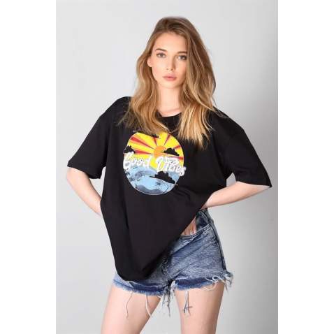 Mad Girls Printed Black T-shirt Mg1148 - Siyah