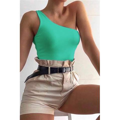 Mad Girls Green One Shoulder Strappy Crop Top MG325 - Yeşil