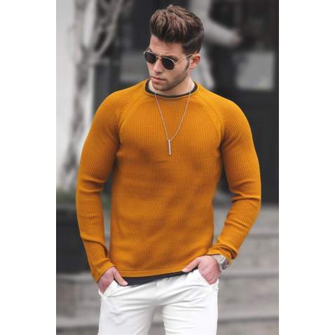 Madmext Men Color Block Mustard Sweater 5082 - Hardal