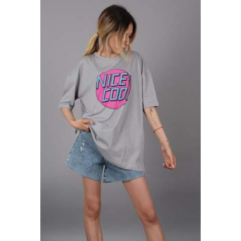 Mad Girls Printed Gray T-shirt Mg1149 - Gri