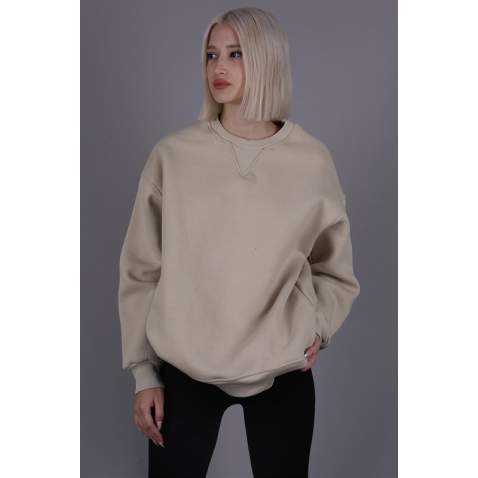 Bej Kaşkorse Detaylı Bisiklet Yaka Sweatshirt MG1567 - Bej