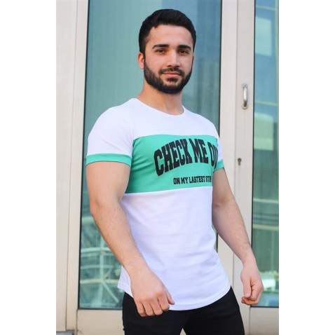 Madmext Green Printed T-shirt for Men 3013 - Beyaz