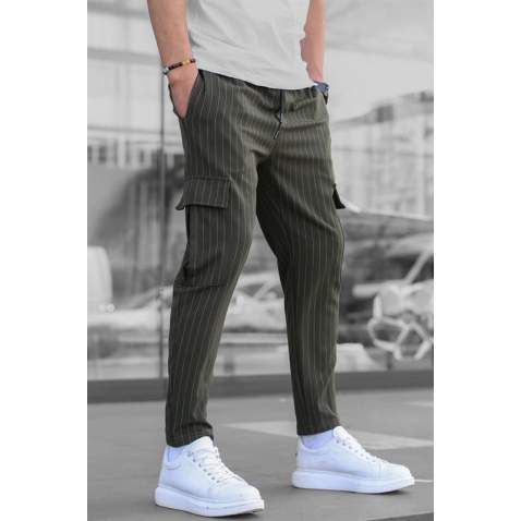 Men Striped Khaki Cargo Trousers - Haki