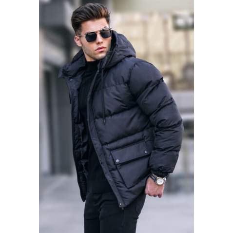 Black Hoodie Basic Puffer Jacket 5702 - Siyah