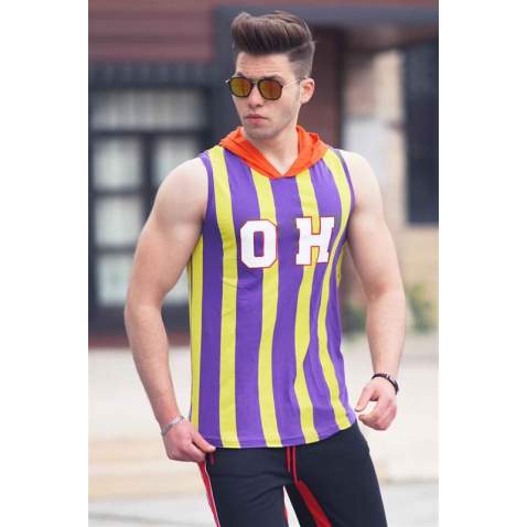 Madmext Striped T-shirt Wtih Hood for Men-5 4024 - Çizgili renk detaylı