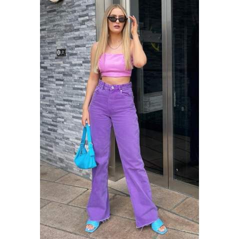 Purple High Waist Basic Palazzo Jeans MG1547 - Mor