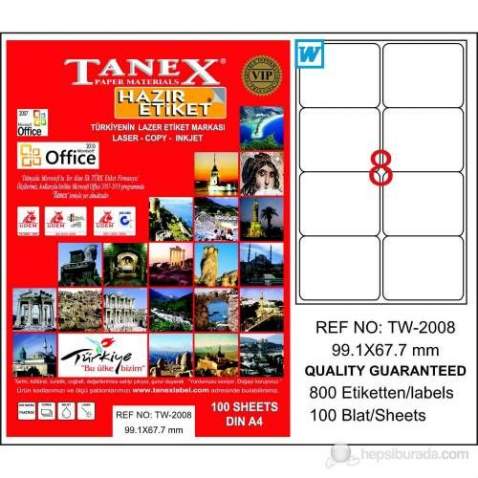 Tanex TW-2008 - 99,1x67,7 mm Laser Etiket 100 Adet Ücretsiz Kargo