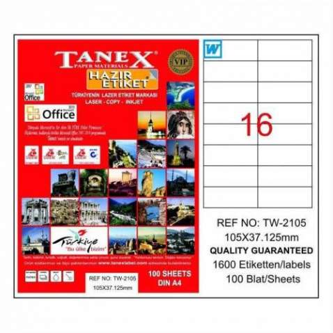 Tanex TW-2105 - 105 x 37,125 mm Laser Etiket 100 Adet